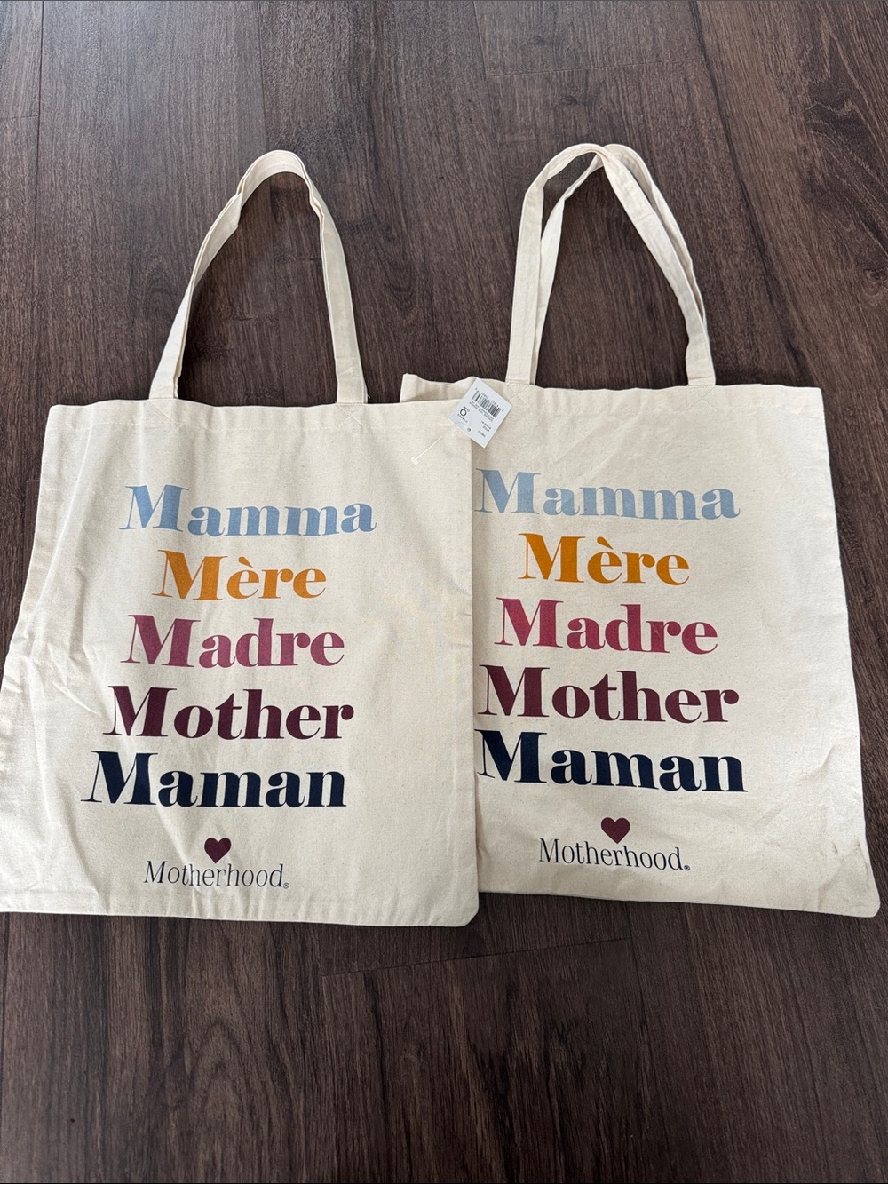 Motherhood Natural Canvas Tote with Multicolor Script